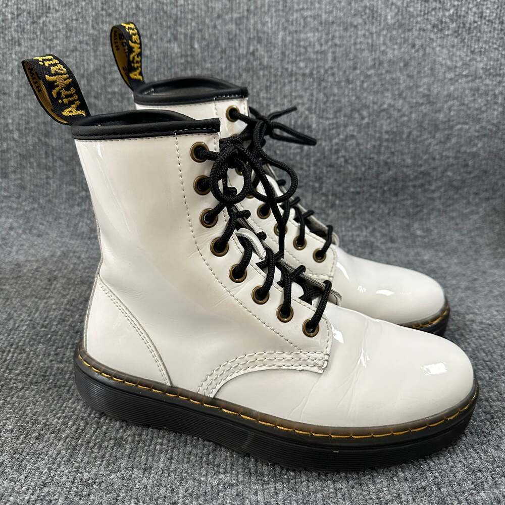 Dr. Martens Women's Zavala Combat Boots Lightweight 1460 White Patent Leather 5